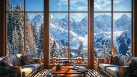 A cozy cabin interior with stunning mountain views covered in snow. The scene captures tranquility and relaxation, perfect for winter getaways.の素材