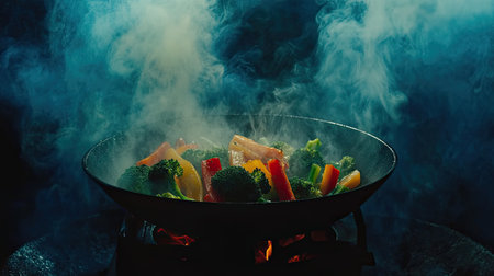 A vibrant array of fresh vegetables sizzling in a wok, enveloped in steam and smoke. This image captures the essence of healthy cooking and culinary artistry.の素材