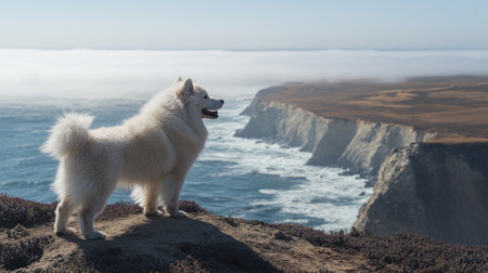 A fluffy dog stands proudly on a cliff, gazing at the tranquil ocean view. This serene landscape showcases nature's beauty and evokes a sense of freedom.の素材