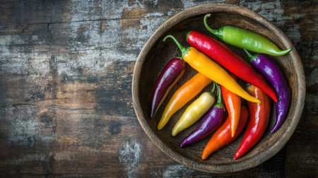 A vibrant assortment of colorful chili peppers arranged artistically in a rustic wooden bowl. Perfect for food photography or culinary themes.の素材