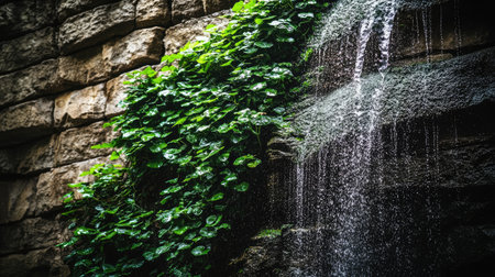 A captivating view of a waterfall cascading over moss-covered stones, surrounded by vibrant greenery. Perfect for nature lovers and tranquility seekers.の素材