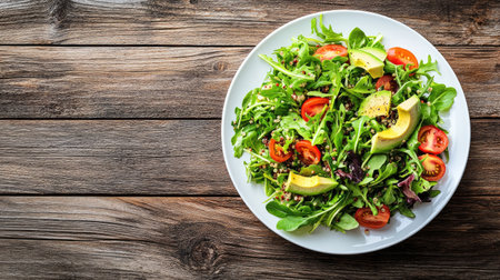 A vibrant and fresh green salad featuring tomatoes and avocado, presented on a rustic wooden table. Perfect for health-conscious meals or vegetarian dining.の素材