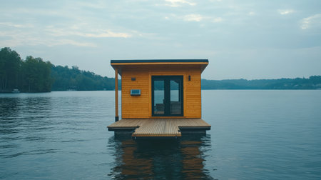 A modern floating house on a tranquil lake, surrounded by lush trees. Perfect for a peaceful getaway or a picturesque vacation spot.の素材