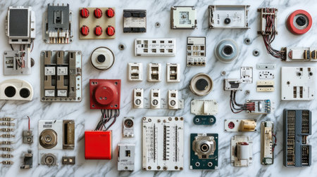 A flat lay of diverse electrical components arranged on a marble surface. This image showcases various technology items, highlighting detail and design.の素材