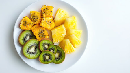A vibrant assortment of fresh pineapple and kiwi slices arranged on a pristine white plate, perfect for a healthy snack or dessert. Ideal for food photography.の素材