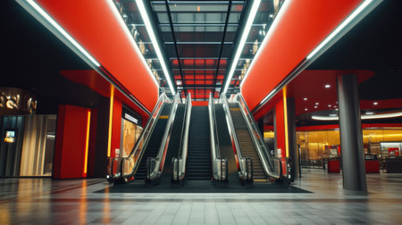 A modern escalator set in a vibrant shopping area, showcasing sleek architectural design and dynamic lighting, ideal for urban lifestyle visuals.の素材