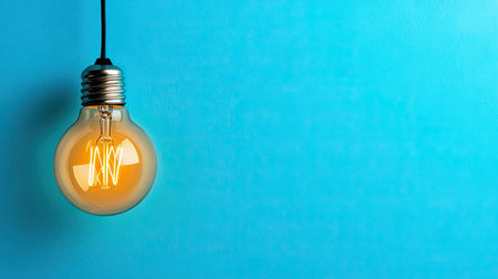 A vintage light bulb emits a warm glow against a vibrant blue background. Perfect for creative projects, interior design themes, or showcasing innovative lighting ideas.の素材