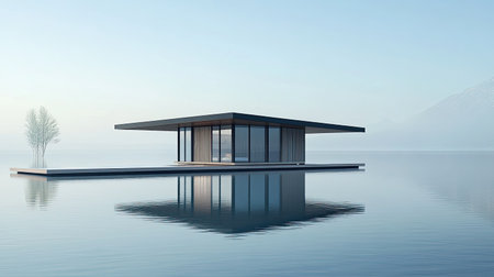 A serene modern minimalist house situated over tranquil water, showcasing architectural elegance and a peaceful landscape, perfect for relaxation and inspiration.の素材