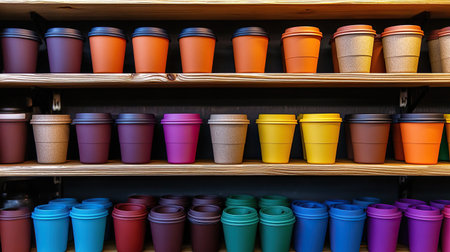 A vibrant assortment of colorful coffee cups neatly arranged on a wooden shelf, showcasing various designs and textures. Perfect for coffee lovers and decor enthusiasts.の素材