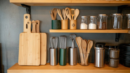 A beautifully organized kitchen shelf featuring bamboo utensils, whisks, and stylish containers. Perfect for modern home decor and cooking enthusiasts.の素材
