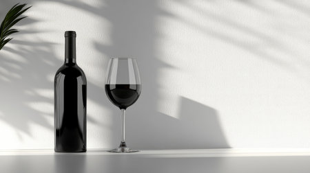 A stylish red wine bottle and glass set against a minimalistic background, capturing the essence of elegance and relaxation, perfect for dining decor or wine-themed presentations.の素材