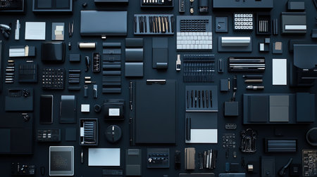 A sleek collection of modern office supplies arranged on a dark background, showcasing creativity and organization in a stylish and minimalistic workspace.の素材