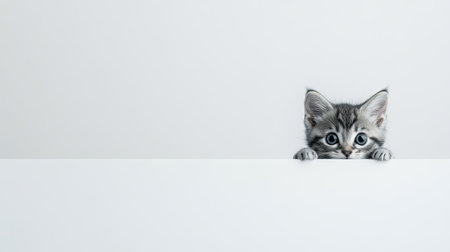 A charming kitten with big eyes peeks over a table edge, encapsulating curiosity and playfulness in a minimalistic setting. Perfect for animal lovers.の素材