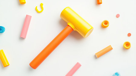 A vibrant and fun assortment of colorful toys, featuring a yellow hammer and various playful shapes, perfect for creative activities and childhood joy.の素材