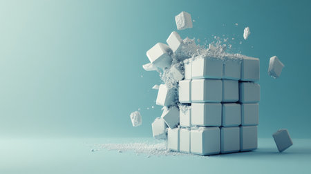 An artistic depiction of sugar cubes dynamically exploding against a soft blue background, creating a visually captivating and chaotic scene.の素材