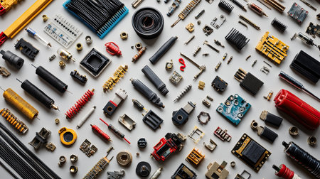 An organized arrangement of various mechanical components and tools on a surface, showcasing precision parts suitable for engineering and manufacturing projects.の素材