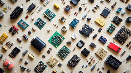 A detailed flat lay of diverse electronic components, showcasing resistors, capacitors, chips, and more on a light background, ideal for technology-related projects.の素材
