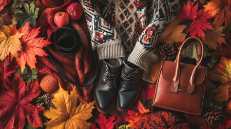 A flat lay of cozy autumn fashion featuring a knitted sweater, stylish shoes, a brown handbag, and colorful fall leaves, perfect for seasonal style inspiration.の素材