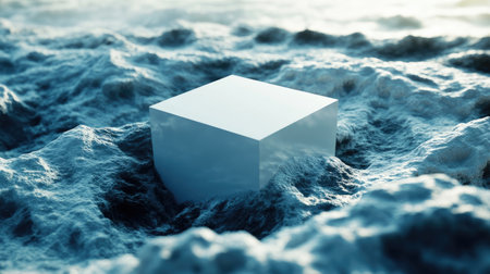 A clear cube emerges from a tranquil oceanic setting, reflecting light and creating a sense of calm and minimalism. Ideal for modern design themes.の素材