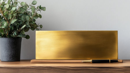 This photo features an elegant gold plaque beside a stylish pen and a lush plant, perfect for enhancing modern office aesthetics and inspires creativity.の素材