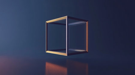A sleek, modern 3D cube design, floating in an abstract environment with unique lighting and reflection. Ideal for creative projects and visuals.の素材