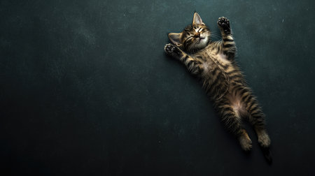 A playful tabby cat sprawled out on a dark surface, showcasing its cute features and relaxed pose. Perfect for capturing the essence of feline joy.の素材