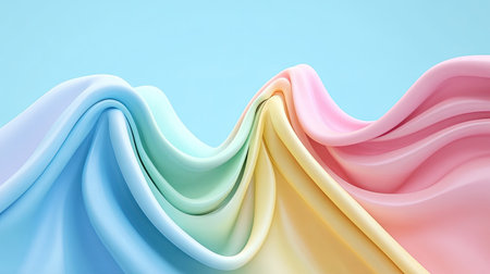 A visually appealing arrangement of colorful fabric waves gently flowing against a soft blue background, exuding elegance and tranquility.の素材