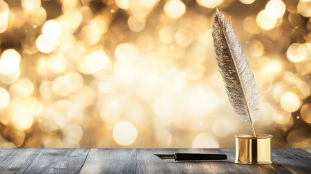 A stunning quill elegantly sits in an inkpot on a wooden table, surrounded by a shimmering bokeh backdrop. Perfect for themes of writing, creativity, and inspiration.の素材