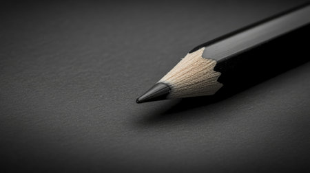 A close-up of a sharp black pencil resting on a dark surface. Ideal for showcasing creativity, writing, or drawing themes in a minimalistic style.の素材