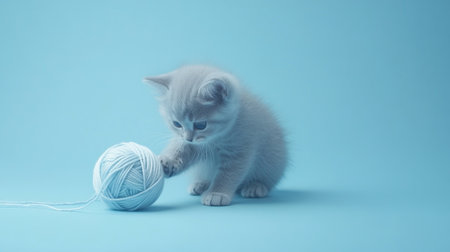 A cute kitten plays with a ball of yarn against a vibrant blue background. This adorable scene captures the playful nature and innocence of a young pet.の素材