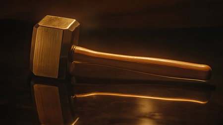 A stunning antique hammer resting on a reflective surface, showcasing intricate craftsmanship. The contrast of wood and metal captures timeless beauty and utility. Perfect for design and craftsmanship themes.の素材