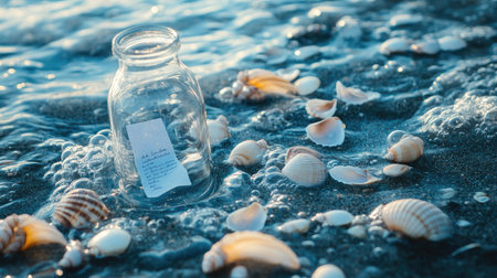 A glass bottle rests among seashells on a sandy beach, surrounded by gentle waves. This serene scene captures the essence of summer, adventure, and tranquility.の素材