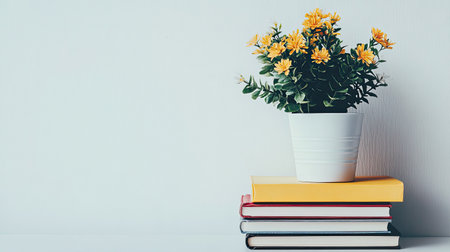 A vibrant arrangement of yellow flowers in a white pot resting on a stack of colorful books, perfect for a cozy and artistic home or office decor.の素材