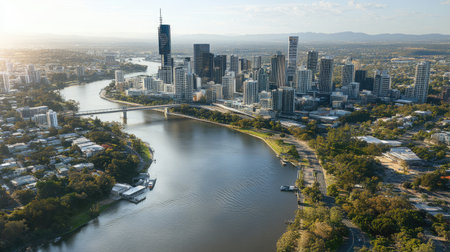 A beautiful aerial view showcases a vibrant city skyline alongside a winding river. The image captures urban architecture, lush greenery, and tranquil scenes.の素材