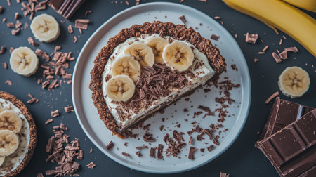 A delectable banana cream dessert featuring a rich chocolate topping. Perfectly sliced and beautifully presented, it captures the essence of indulgence.の素材