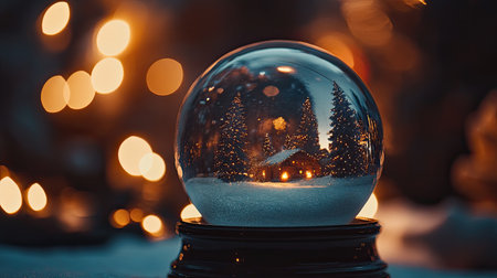 A beautiful snow globe captures a cozy winter scene with a cabin nestled among trees, illuminated by warm lights, creating a magical atmosphere.の素材