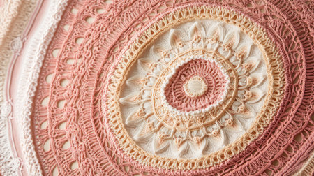 This image showcases a beautiful decorative textile featuring intricate crochet patterns in soft beige and pink tones, adding warmth and style to any space.の素材