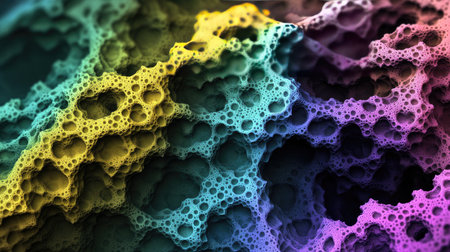 Explore a vibrant and colorful abstract texture featuring porous bubbles and dynamic patterns. Perfect for artistic, scientific, or modern design projects.の素材