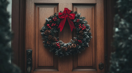 A charming holiday wreath featuring red berries and a bow, beautifully positioned on a rustic wooden door, evoking a warm and festive atmosphere.の素材