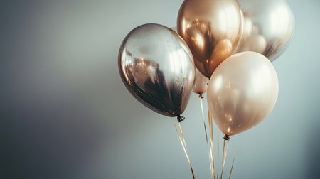 A collection of elegant balloons in gold and silver shades, perfect for any celebration or event, creating a lively and festive atmosphere.の素材
