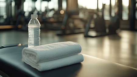 A serene gym environment featuring a water bottle and stacked towels on a bench, capturing the essence of fitness, preparation, and hydration in a modern space.の素材