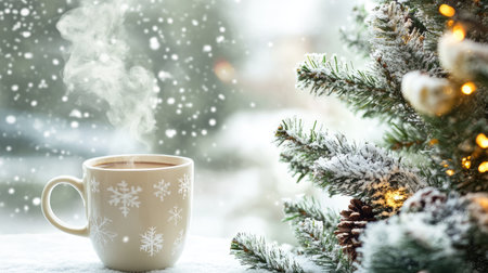 A cozy cup of steaming coffee sits beside a snowy Christmas tree, creating a festive atmosphere perfect for winter mornings. Enjoy the warmth and tranquility.の素材