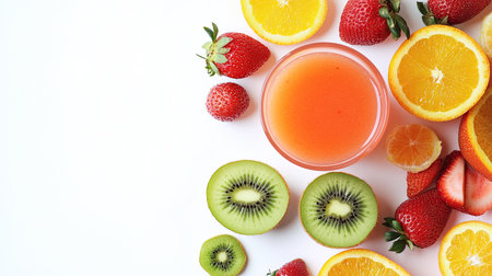 A vibrant selection of fresh fruits with a glass of juice, showcasing oranges, strawberries, and kiwis. Perfect for healthy drinks and summer refreshment.の素材