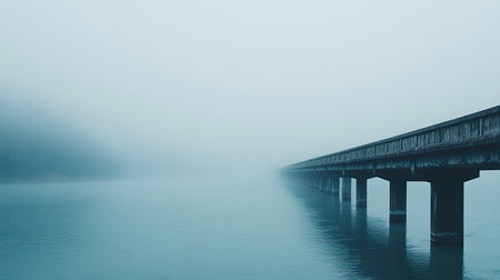 A serene bridge stretches into a misty horizon, creating a tranquil atmosphere over calm water. A perfect image for themes of solitude and nature.の素材