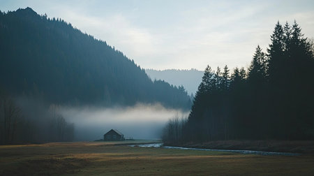 A tranquil landscape featuring a solitary cabin surrounded by mist-covered mountains and tall trees, capturing a serene moment in nature's beauty.の素材