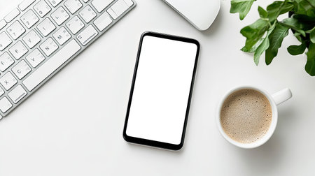 A minimalist workspace featuring a smartphone, coffee cup, and keyboard. The clean layout and soft colors create an inviting and productive atmosphere.の素材