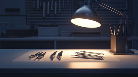A well-lit workspace featuring an array of precise tools under a warm lamp, highlighting the details of design and craft. Perfect for design or engineering themes.の素材