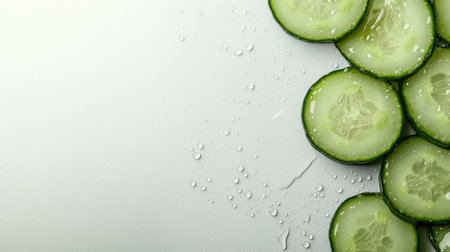 Fresh cucumber slices adorned with glistening water droplets, perfect for culinary presentations. Ideal for healthy recipes and summer dishes.の素材