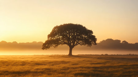 A solitary tree stands in a misty field at sunrise, creating a serene landscape. The soft light and foggy atmosphere evoke a sense of peace and tranquility.の素材