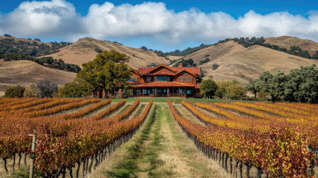 A picturesque vineyard landscape featuring rows of vibrant grapevines leading to a charming winery nestled among rolling hills under a bright blue sky.の素材